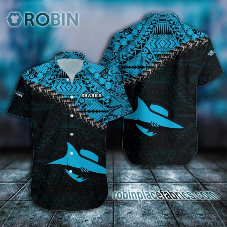 Cronulla -Sutherland Sharks Casual Button Down Hawaiian Shirt Grunge Polynesian Tattoo – NRL