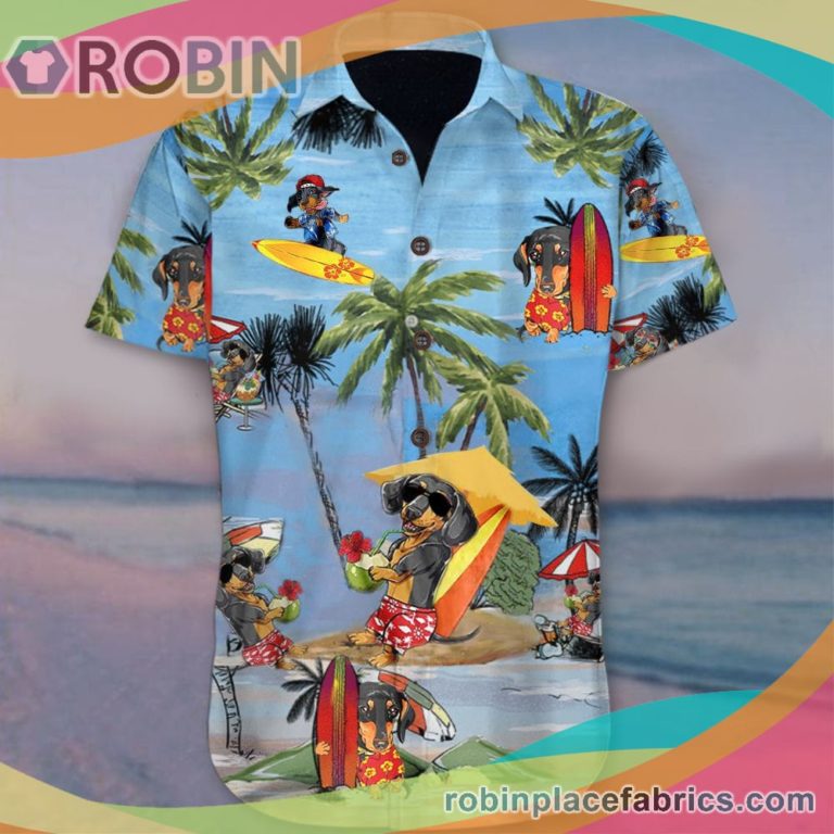 Dachshund At Beach Holiday Casual Button Down Hawaiian Shirt Cute Family Vacation Button Up Shirt