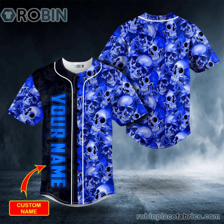 Dark Blue Flame Pile Skull Custom Baseball Jersey