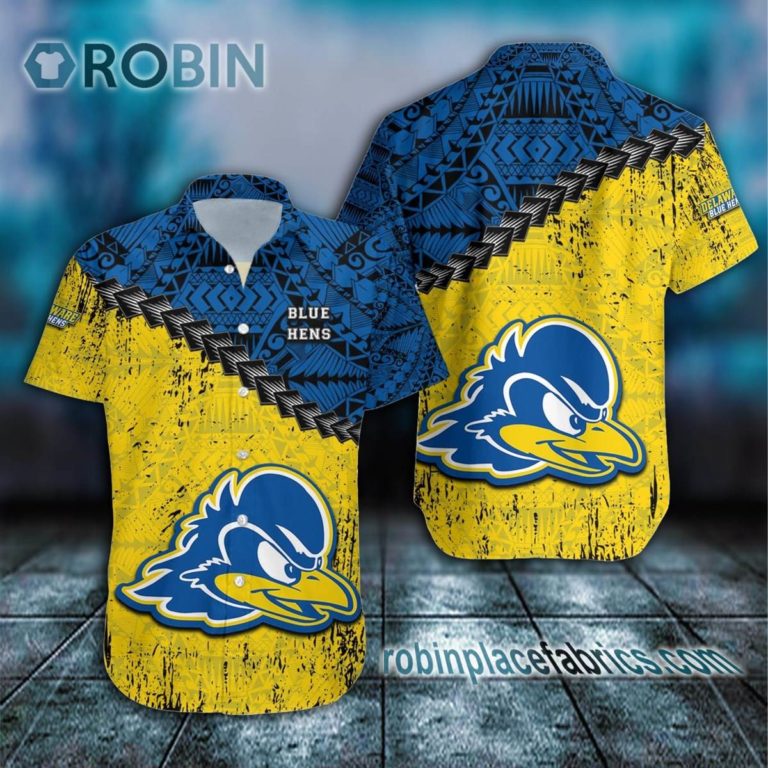 Delaware Blue Hens Casual Button Down Hawaiian Shirt Grunge Polynesian Tattoo – NCAA