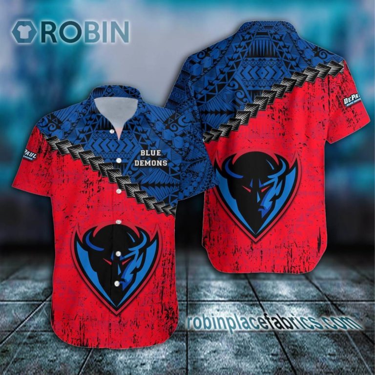 DePaul Blue Demons Casual Button Down Hawaiian Shirt Grunge Polynesian Tattoo – NCAA