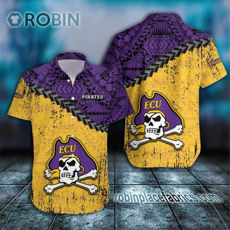 East Carolina Pirates Casual Button Down Hawaiian Shirt Grunge Polynesian Tattoo – NCAA