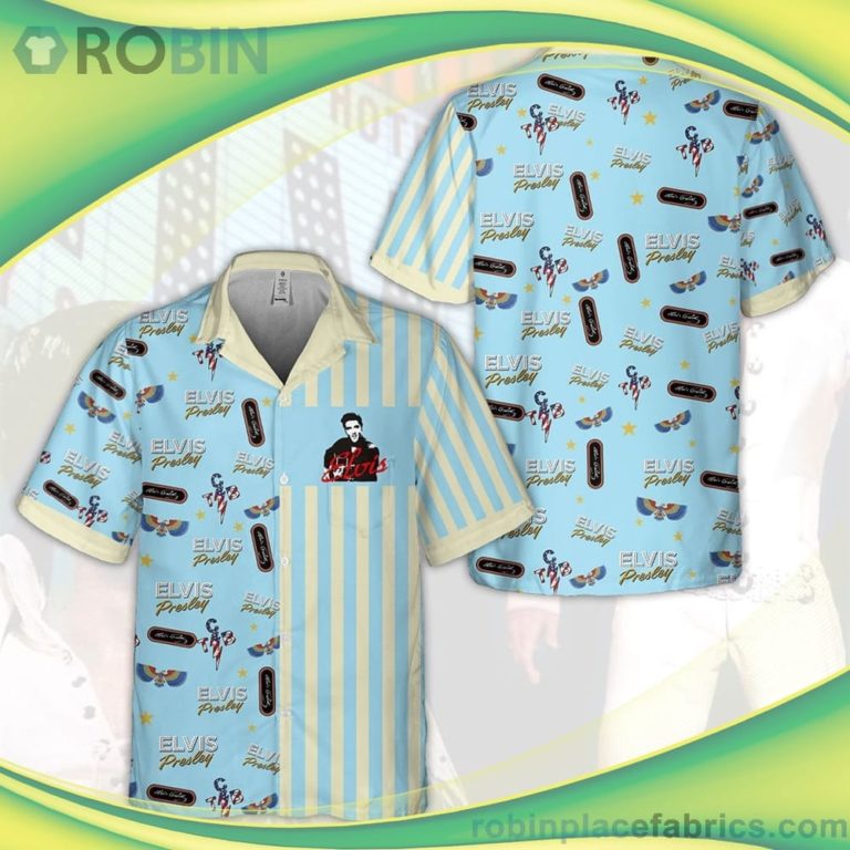 Elvis Presley Blue Stripes Short Sleeve Button Down Hawaiian Shirt