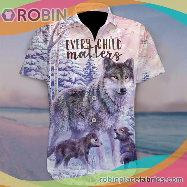 Every Child Matters Casual Button Down Hawaiian Shirt Native Wolf Orange Shirt Day 2022