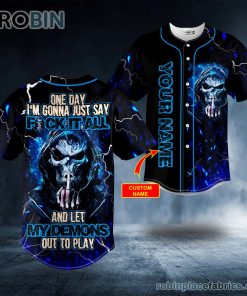 f it all middle finger grim reaper blue lightning skull custom baseball jersey 146 WX8Lf