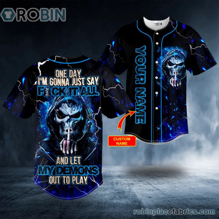 F It All Middle Finger Grim Reaper Blue Lightning Skull Custom Baseball Jersey