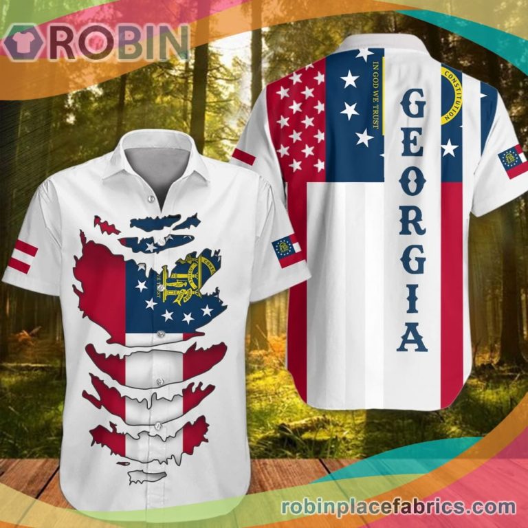 Georgia Casual Button Down Hawaiian Shirt Hornor Flag Of Georgia State Apparel Patriot