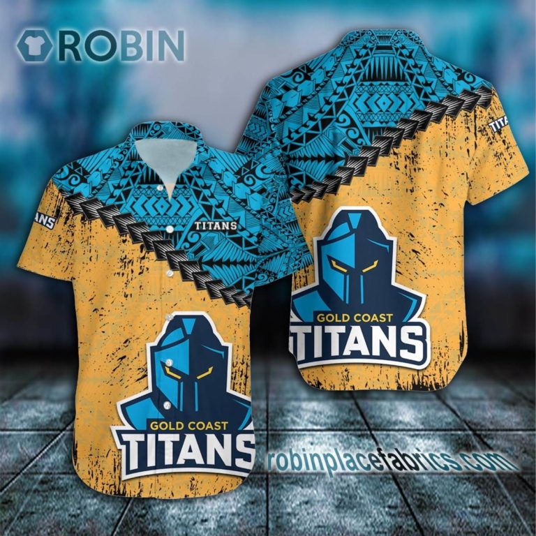 Gold Coast Titans Casual Button Down Hawaiian Shirt Grunge Polynesian Tattoo – NRL