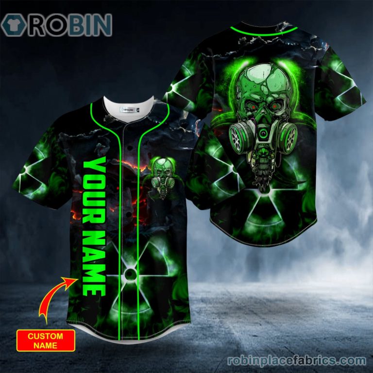 Green Neon Biohazard Skull Custom Baseball Jersey