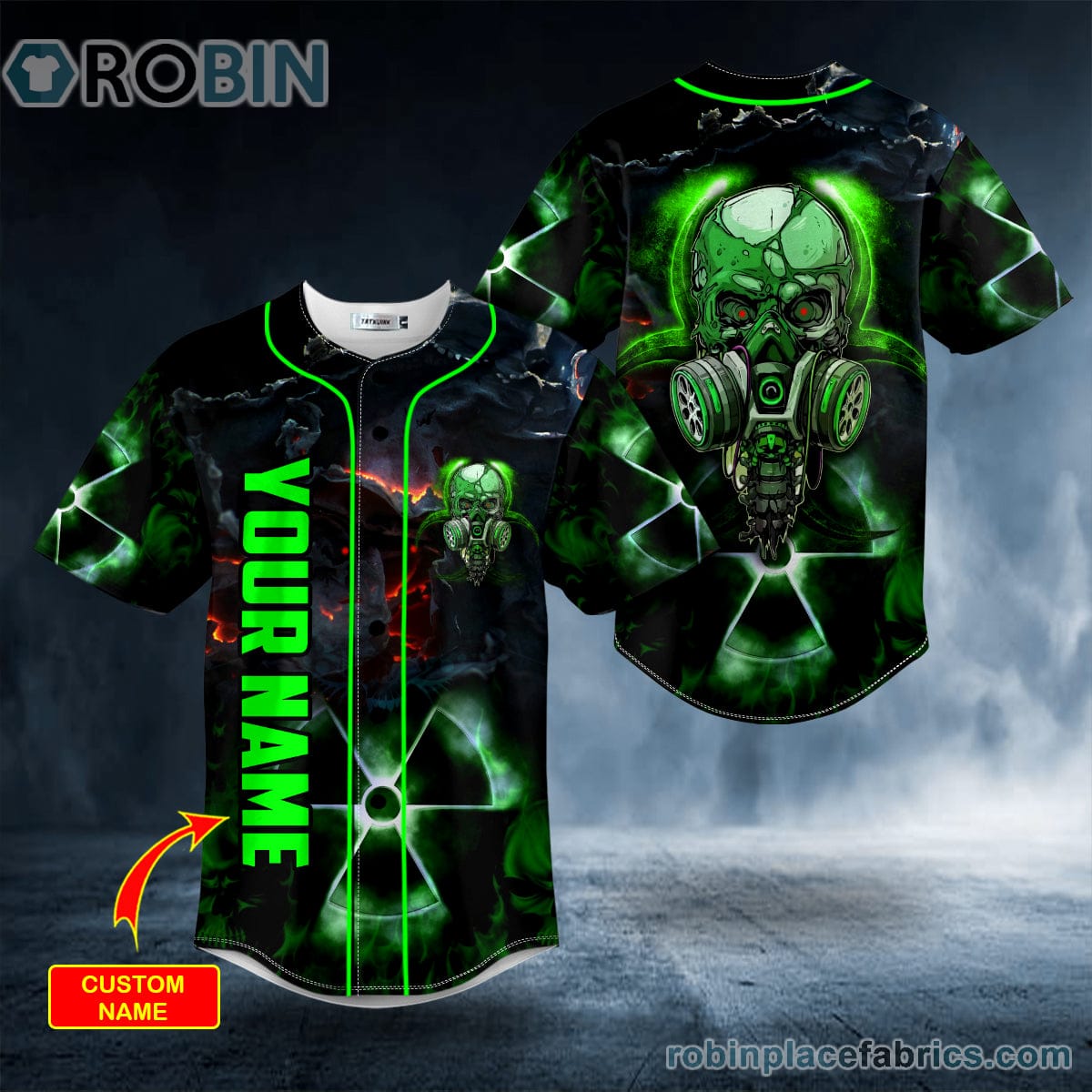 Green Neon Biohazard Skull Custom Baseball Jersey - RobinPlaceFabrics