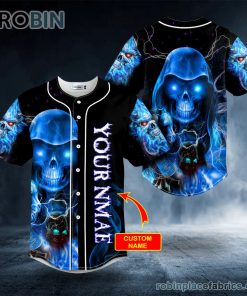 grim reaper blue fire lightning skull custom baseball jersey 103 nkDYt