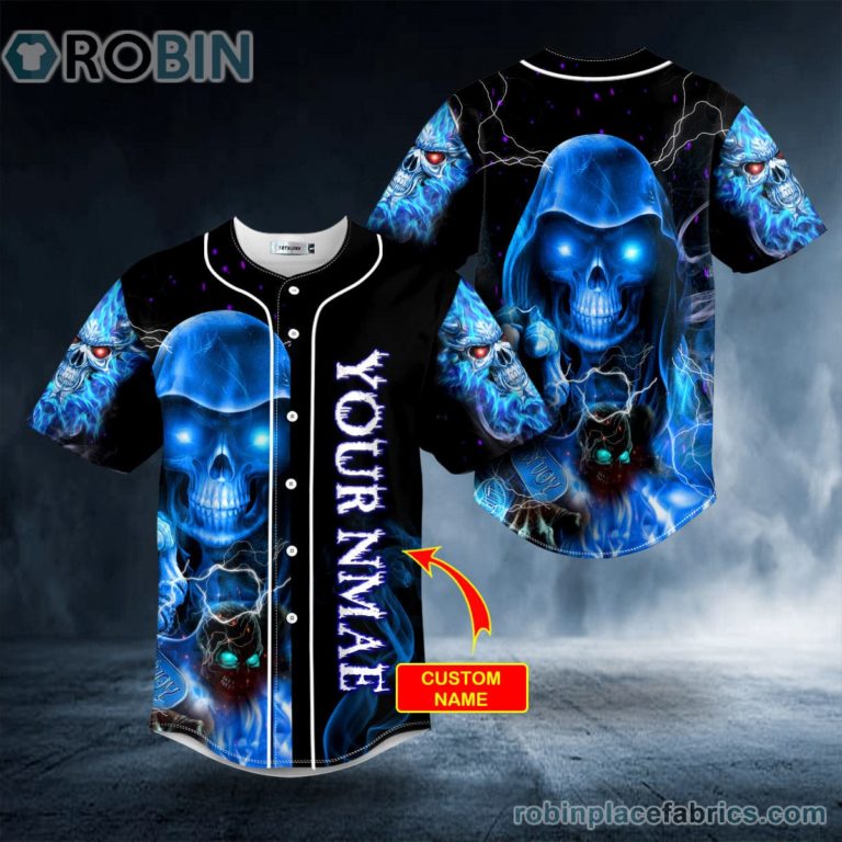 Grim Reaper Blue Fire Lightning Skull Custom Baseball Jersey