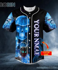 Grim Reaper Blue Fire Lightning Skull Custom Baseball Jersey Grim Reaper Blue Fire Lightning Skull Custom Baseball Jersey