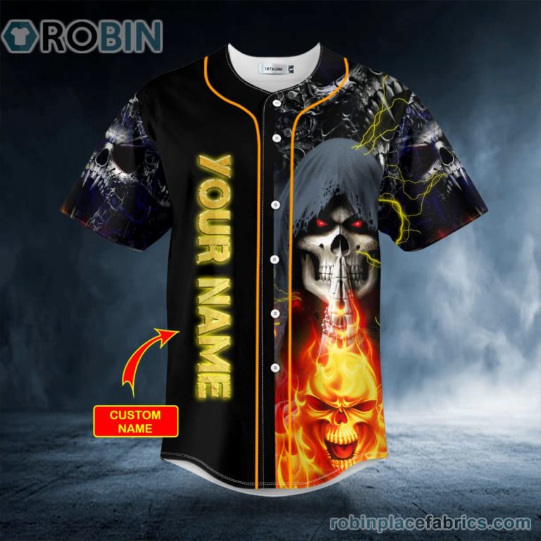 Grim Reaper Praying Lightning Flaming Hell Skull Custom Baseball Jersey