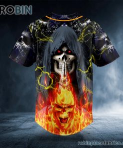Grim Reaper Praying Lightning Flaming Hell Skull Custom Baseball Jersey