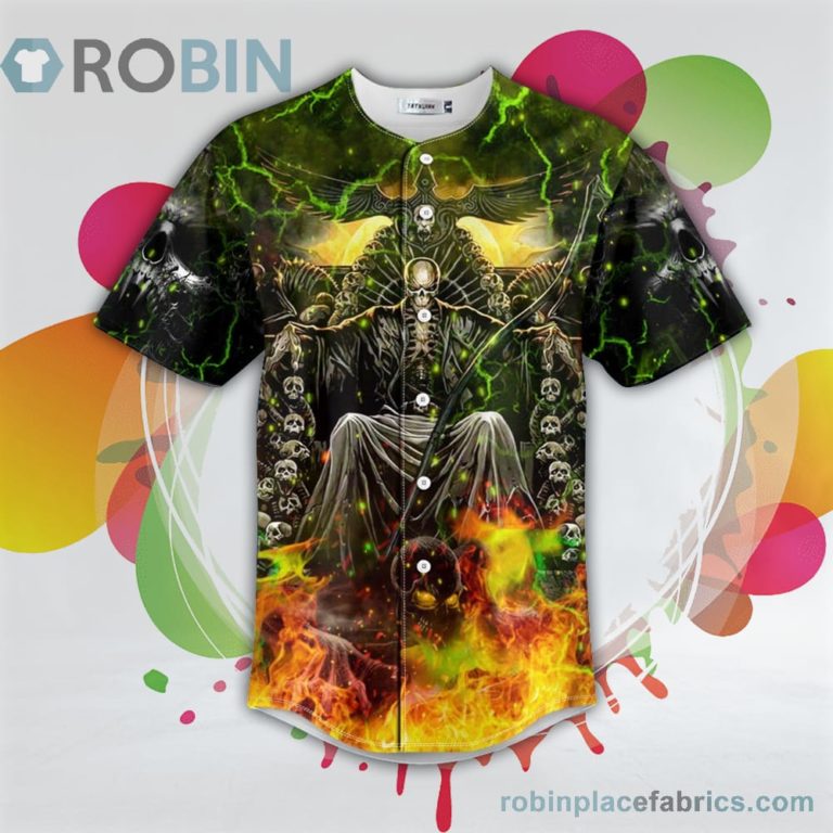 Grim Reaper Throne Zombie Ghost Fire Lightning Skull Baseball Jersey RB4326