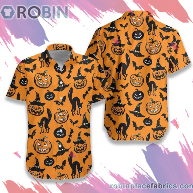 Halloween Black Cat Pumpkin And Bat Orange Hawaiian Shirt, Casual Short Sleeve Shirt