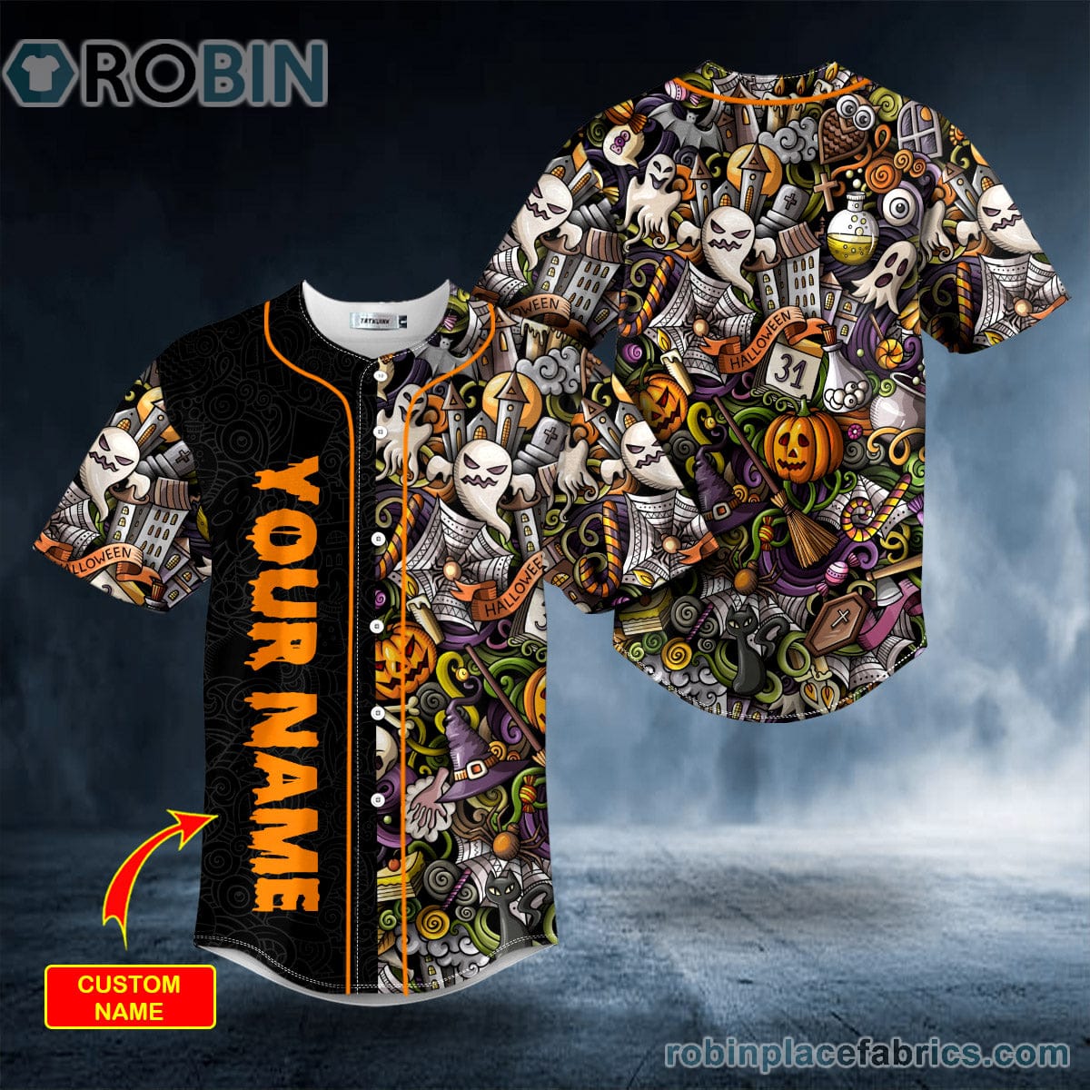 Halloween Doddle Skull Custom Baseball Jersey - RobinPlaceFabrics
