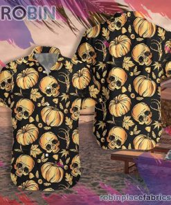 Halloween Pumpkin & Skull Hawaiian Shirt, Casual Short Sleeve Shirt