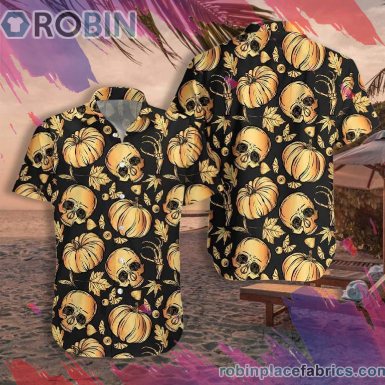 Halloween Pumpkin & Skull Hawaiian Shirt, Casual Short Sleeve Shirt