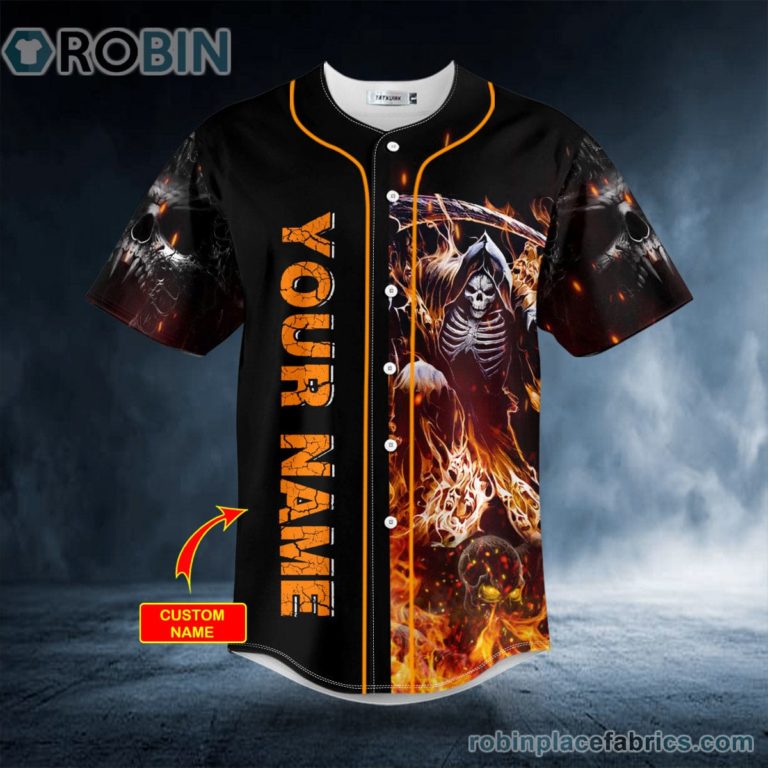 I Am Who I Am F Off Fire Skeleton Grim Reaper Skull Custom Baseball Jersey