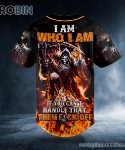 i am who i am f off fire skeleton grim reaper skull custom baseball jersey 471 vm8J6