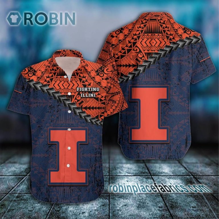 Illinois Fighting Illini Casual Button Down Hawaiian Shirt Grunge Polynesian Tattoo – NCAA