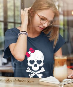 ladies t shirt cute skull and cross bone pink bow tie women girls adorable IbsYv