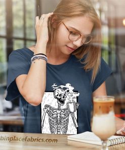 ladies t shirt halloween coffee drinking skeleton skull MTzL0