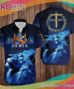 Lion Cross Jesus Saves Casual Button Down Hawaiian Shirt Forgiven Christian Faith In Love Shirt