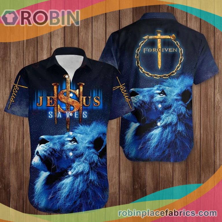 Lion Cross Jesus Saves Casual Button Down Hawaiian Shirt Forgiven Christian Faith In Love Shirt