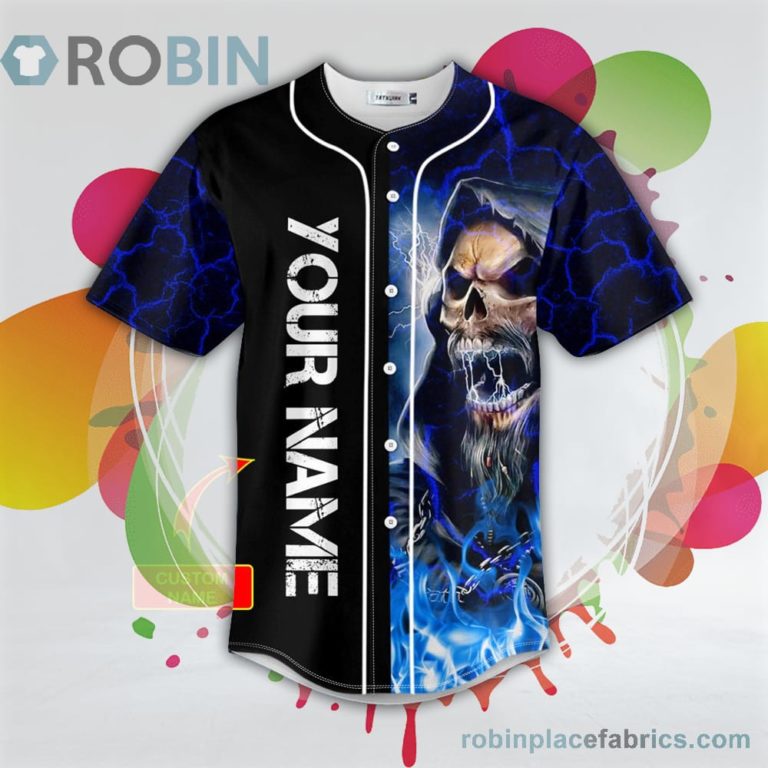 Melodic Death Metal Grim Reaper Blue Fire Skull Baseball Jersey RB6095