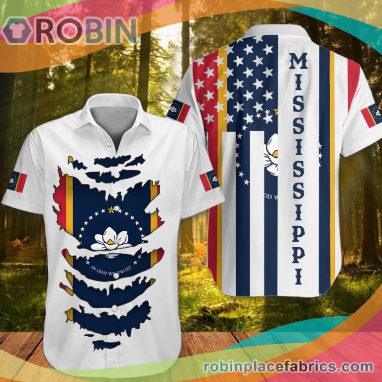 Mississippi Casual Button Down Hawaiian Shirt Patriotic Honor New Mississippi State Flag