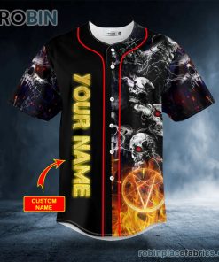 no see no hear no speak evil pentagram fire skull custom baseball jersey 264 xQC8W