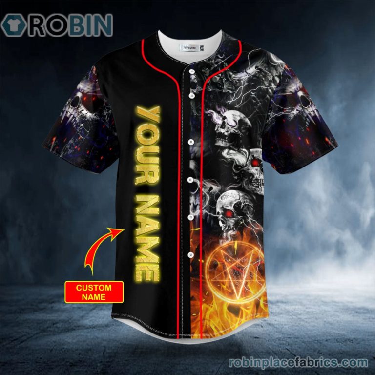 No See No Hear No Speak Evil Pentagram Fire Skull Custom Baseball Jersey