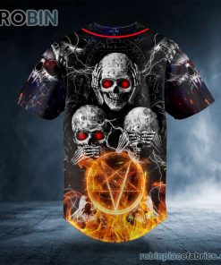 No See No Hear No Speak Evil Pentagram Fire Skull Custom Baseball Jersey