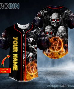 no see no hear no speak evil pentagram fire skull custom baseball jersey 65 xQ4fG