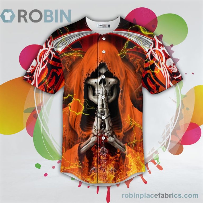 Orange Grim Reaper Prayer Fire Skull Baseball Jersey RB9349