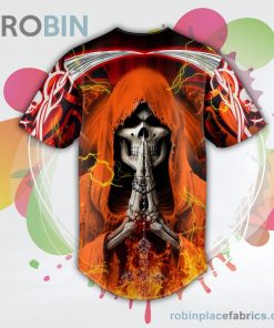 Orange Grim Reaper Prayer Fire Skull Baseball Jersey RB9349 Orange Grim Reaper Prayer Fire Skull Baseball Jersey RB9349