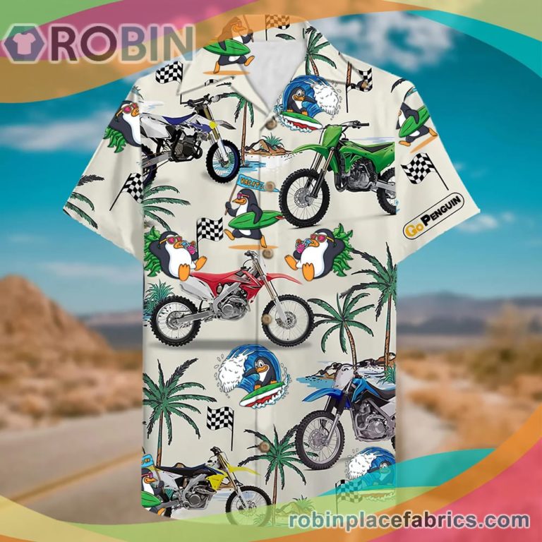 Penguin Motocross Dirt Bike Casual Button Down Hawaiian Shirt