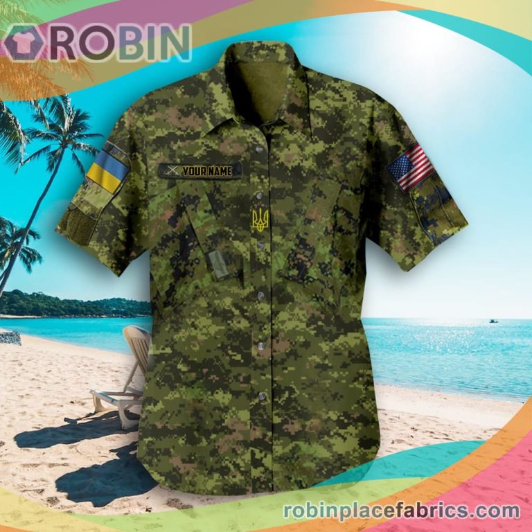 Personalized American Ukraine Flag Camo Casual Button Down Hawaiian Shirt Button Up Support Ukraine Apparel
