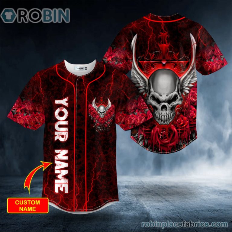 Red Roses Winged Angel Skull Custom Baseball Jersey