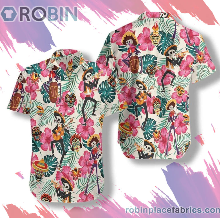 Skeleton In Mexican Costumes Hawaiian Shirt, Casual Short Sleeve Shirt