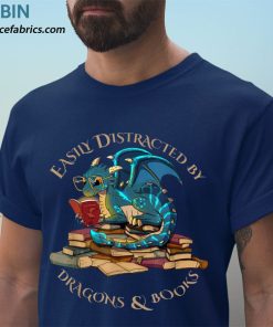 t shirt navy easily distracted by dragons and books gift nerd dragon Y3dr1