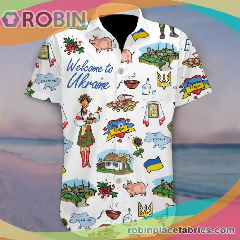 Welcome To Ukraine Casual Button Down Hawaiian Shirt Ukrainian Summer Vacation Casual Button Down Hawaiian Shirts