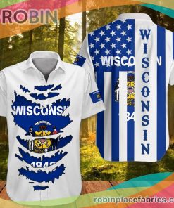 Wisconsin Casual Button Down Hawaiian Shirt Unique Proud Of Flag State Wisconsin Apparel Patriotic Clothes