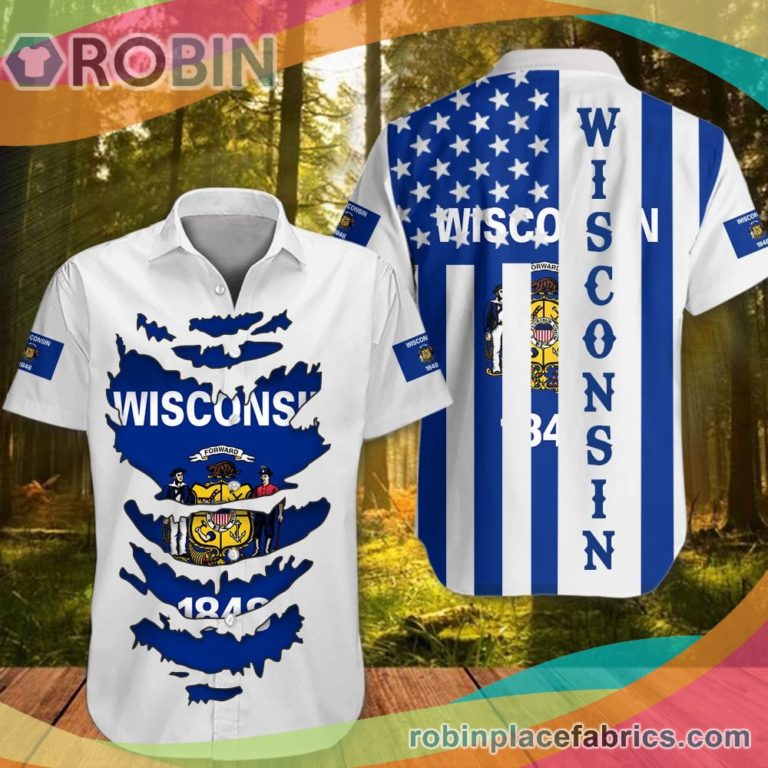 Wisconsin Casual Button Down Hawaiian Shirt Unique Proud Of Flag State Wisconsin Apparel Patriotic Clothes