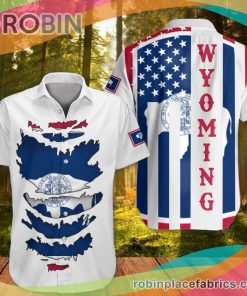 Wyoming Casual Button Down Hawaiian Shirt Patriotic Honor Flag State Wyoming Apparel Button Up Shirt
