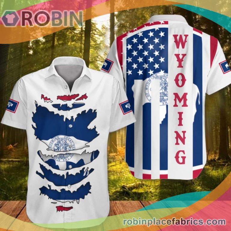 Wyoming Casual Button Down Hawaiian Shirt Patriotic Honor Flag State Wyoming Apparel Button Up Shirt