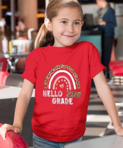 youth red t shirt hello 2nd grade leopard rainbow back to school teacher YwET5